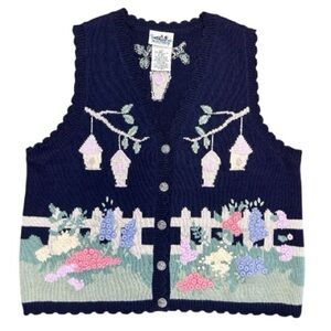 Vintage Navy Button Up Sweater Vest Knit 3D Embroidered Floral Bird House Size L